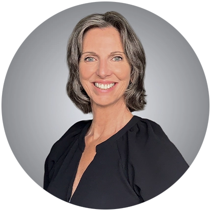 Professional headshot example of woman with grey background