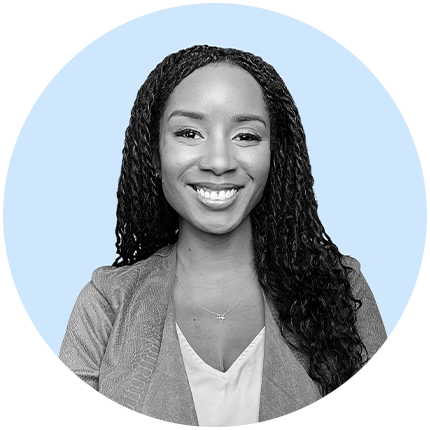 Casual headshot example of woman in black and white on light blue background shape.