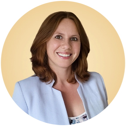 Casual headshot example of woman on yellow background.