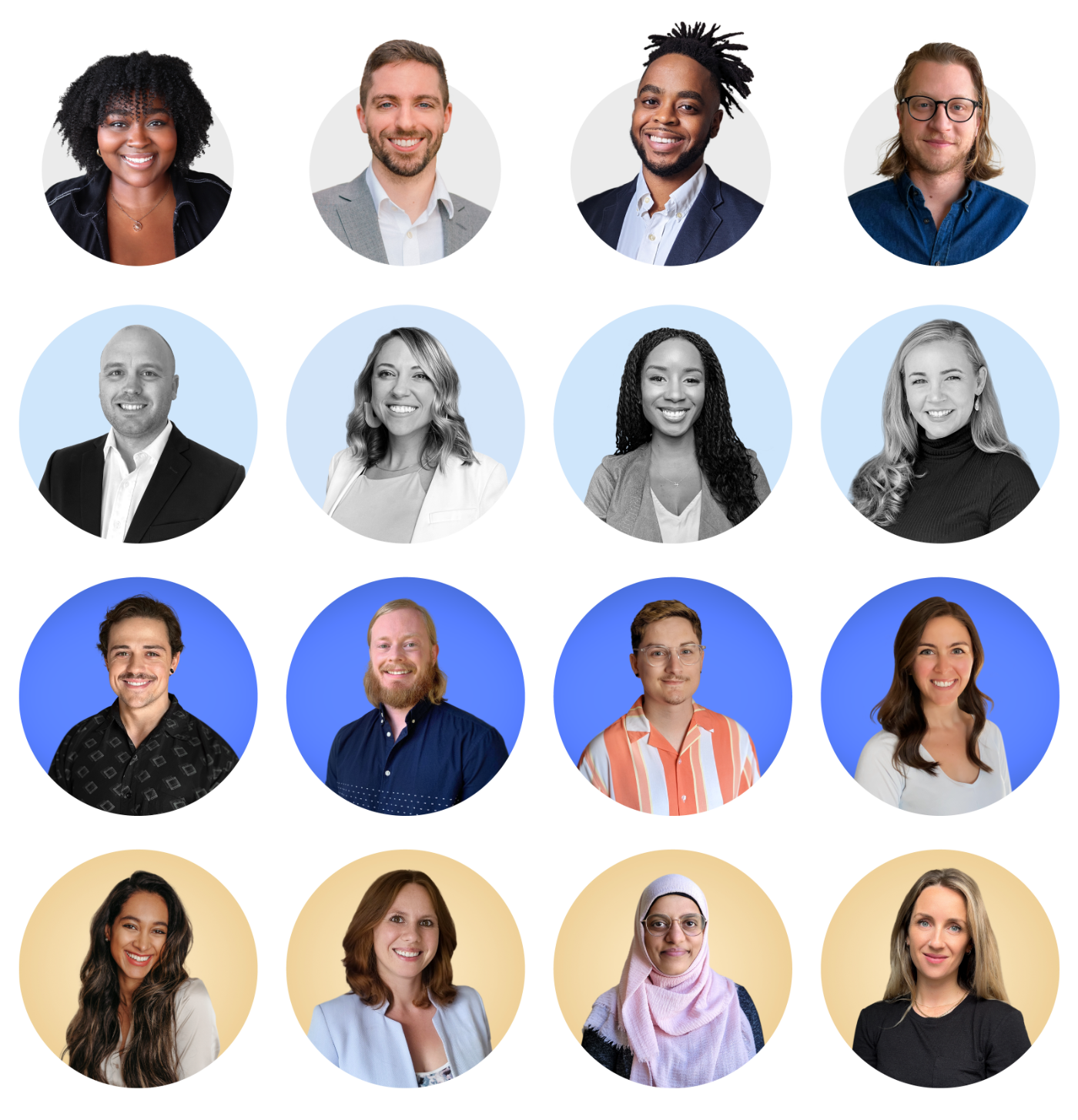Example of 8 casual virtual headshots, on multiple backdrop colors and also in black and white.
