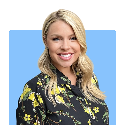 Playful headshot example of woman on blue background