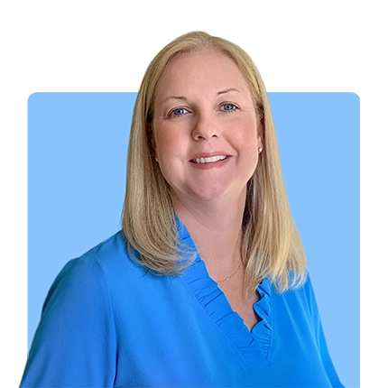 Playful headshot example of woman on blue background