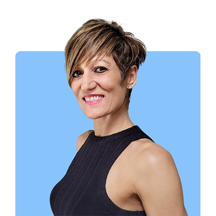 Playful headshot example of woman on blue background