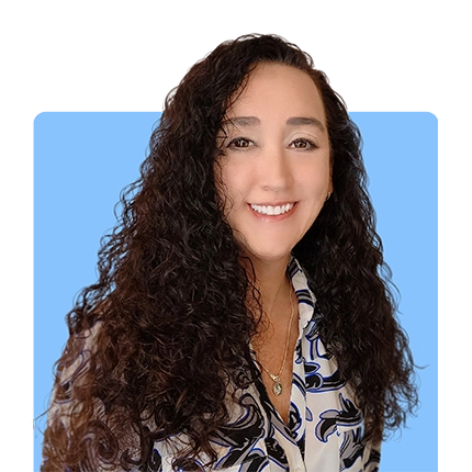 Playful headshot example of woman on blue background