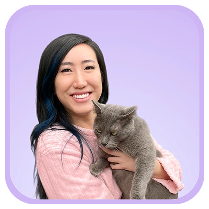 Playful headshot example of woman on purple background with a cat