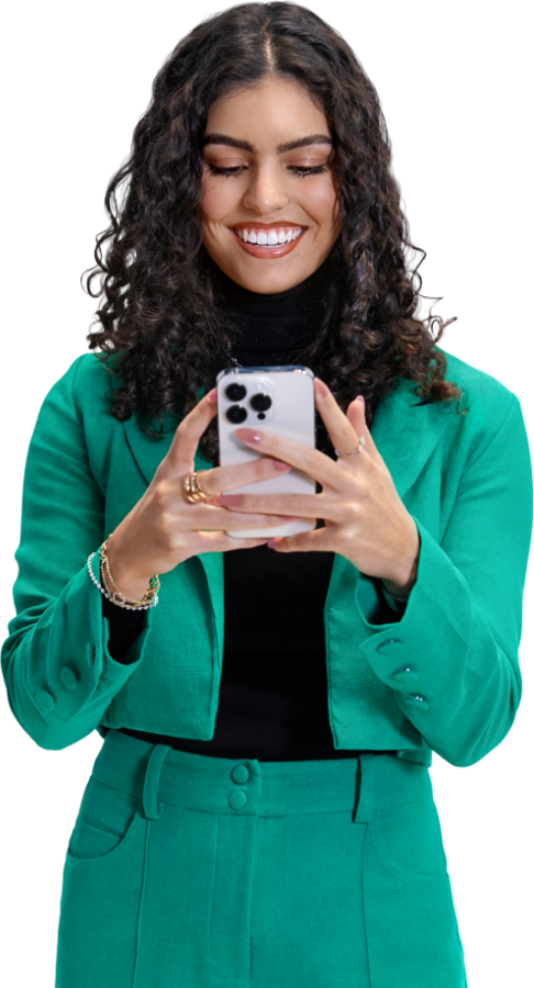 Woman holding phone about to take a virtual headshot.